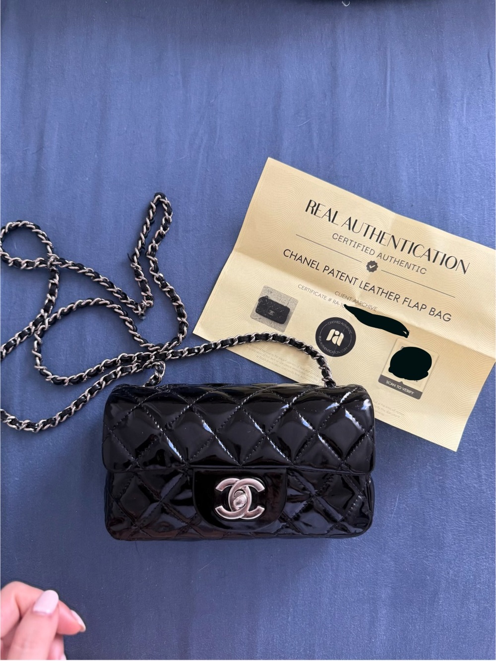 CHANEL Black Patent Quilted Mini Flap Silver HW